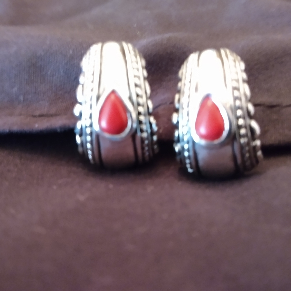 Silver and coral like earrings
